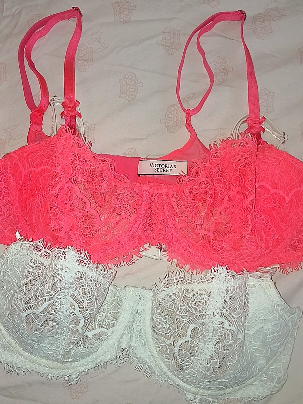 Victoria's Secret Wicked Neon Coral Lace Bra Duo —  Hot Pink and White